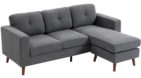 HOMCOM Ecksofa 192 cm L-Form mit umkehrbarer Chaiselongue Dunkelgrau | 3-Sitzer Sofa, Cord-Optik Gepolsterte Eckcouch, Couch für kleinen Raum, Wohnzimmer