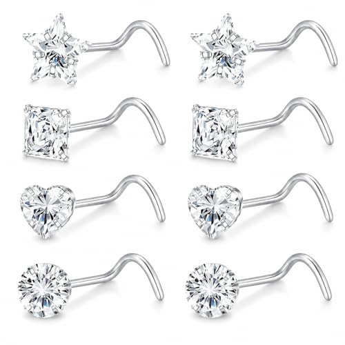 Belle Fang 8 Pcs Silver Nose Studs, Stainless Steel Corkscrew Nose Piercing Jewelry, Small Size Piercing Accessories for Men Women Daily Wear Party