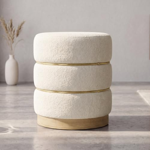 DAYALANE Ottoman de Salon en Fausse Fourrure, Décor Doré&Moderne, Blanc | Petit Tabouret Repose-Pieds Élégant, Pouf de Coiffeuse Joli, pour Salon Chambre Entrée