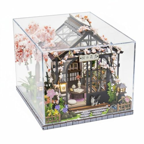 KiBcsLic Casa in Miniatura Giapponese Kit Modellismo 3D Fai da Te Serra con Porte Scorrevoli Tetto Trasparente Albero in Fiore Luci Led Adatta per Hobby Adulti