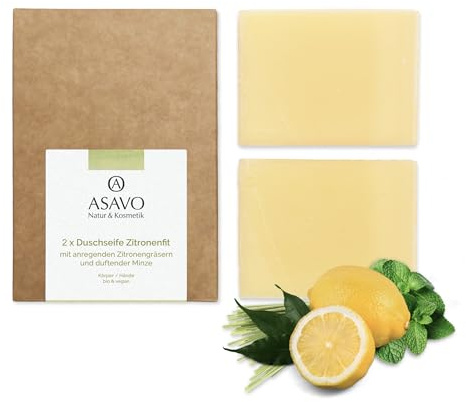 ASAVO Premium Natural Soap Lemon Fit Organic, Handmade Soap with Organic Karite Butter, with the Fragrance of Lemongrass and Mint, Vegan, 2 x 95 g