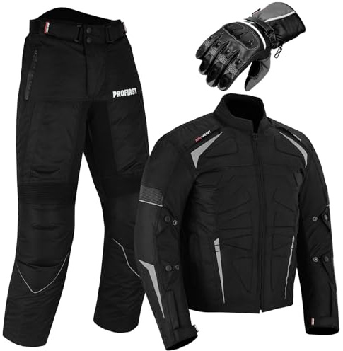 PROFIRST Motorbike Suit - Motorcycle Gloves Armoured 2 Piece Suit Motorbike Waterproof Suits Jacket with Trouser CE Armor For All Weather Mens (UK, Alpha, L, Regular, Regular, Black)