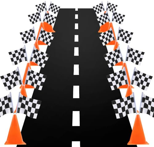 YOELVN 7inch Orange Racing Traffic Cones With Holes on Top,Checkered Flags,Racetrack Floor Runner,Race Car Birthday Party Supplies,Table Centerpiece Decorations 38PCS Set