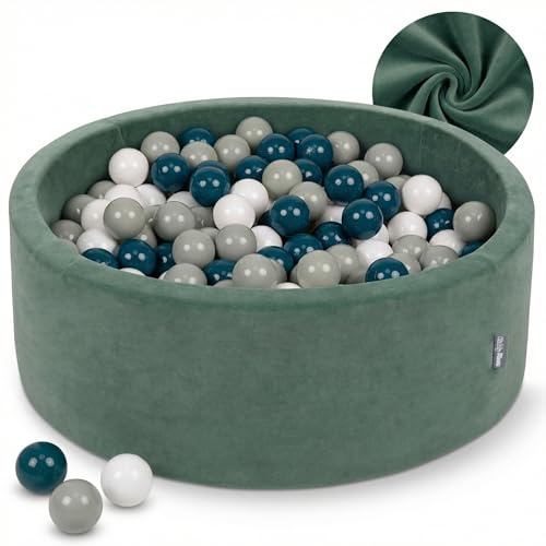 KiddyMoon Terciopelo Piscina De Bolas 90X30cm/200 Bolas para Ninos Hecha En La UE, Verde del Bosque:Turqosc/Grisverdoso/Blanco