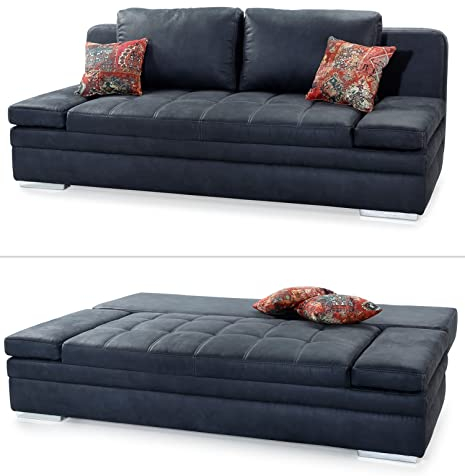Funktionssofa mit Gästebett u.Bettkasten B200/T100/H84 cm, Armlehnen verstellbar, Liegefläche 148x200 cm, Wellenunterfederung, Bezug Mikrofaser in Antikleder-Optik m.Steppung in Anthrazit / 15118