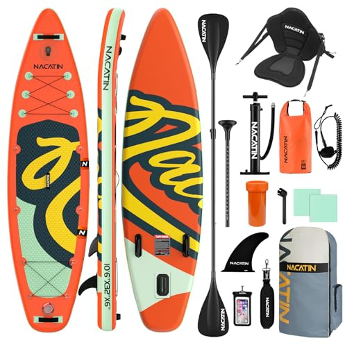 NACATIN 10'6/320cm Inflatable Paddle Board with Seat, SUP Board for Adults with Single/Double Paddle, Kayak Seat, Pump, Backpack, Carry Strap, Dry Bag, Repair Kit, for Lake, River, Yoga