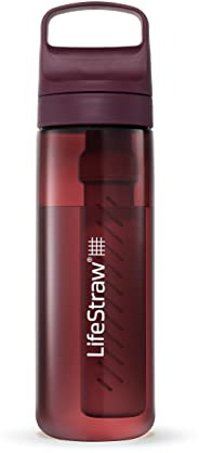 LifeStraw Go Series — BPA-Free Water Filter Bottle for Travel and Everyday Use Removes Bacteria, Parasites and Microplastics, Improves Taste, 22oz Merlot Me Away