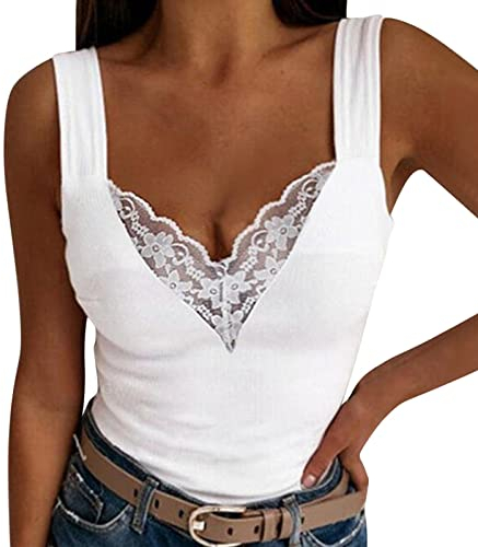 Spitzentop Damen Weiß -Trägertop Damen Sommer -Cami Top Damen Sexy Tank Tops Spitzen Oberteile Slim Fit Ärmelloses T Shirt V Ausschnitte Tunika Bluse Sommertops Luftig Weste Tanktops Frauen