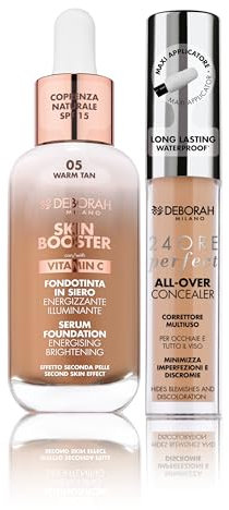 Deborah Milano-Set Skin Booster Serum, LSF 15, N.5 Warm Tan, mit Vitamin C, natürlicher Effekt, 30 ml und Concealer, 24 Stunden Perfect All-Over, 05 Bernstein, langer Halt, wasserdicht, 5,5 g