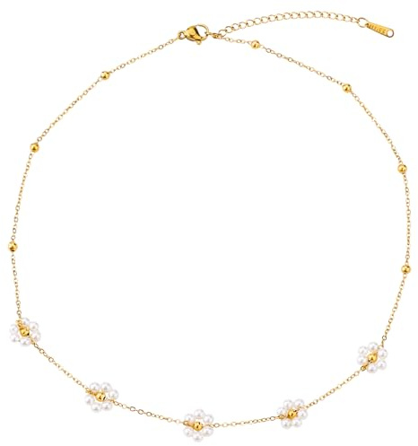Mikovivi Perlenkette Gänseblümchen, Schlicht Halskette Gänseblümchen Zierlich Perlen Blumen Kette 5 Gänseblümchen Sommertrend Goldene Halskette Schmuckgeschenk für Damen