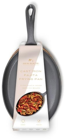 Silk Route Home Cast Iron Sizzling Plate Skillet – Fajita Grill Frying Pan with Acacia Wood Serving Board/Tray