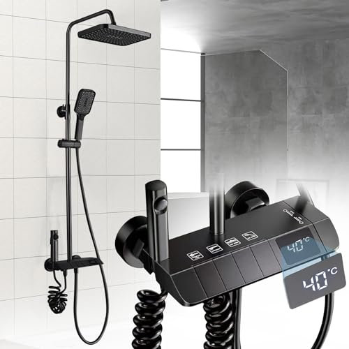 Columna de ducha termostática con pantalla digital de temperatura, conjunto de ducha, altura ajustable, con alcachofa de ducha, sistema de ducha de lluvia para cuarto de baño, color negro