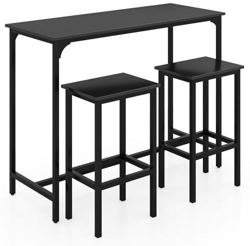 TANGZON Bar Table Set with 2 Stools, 3PCS Breakfast Bar Set with Metal Legs & Footrests, Industrial Counter Dining Table and Stools for Home Kitchen Pub Cafe Restaurant (Black)