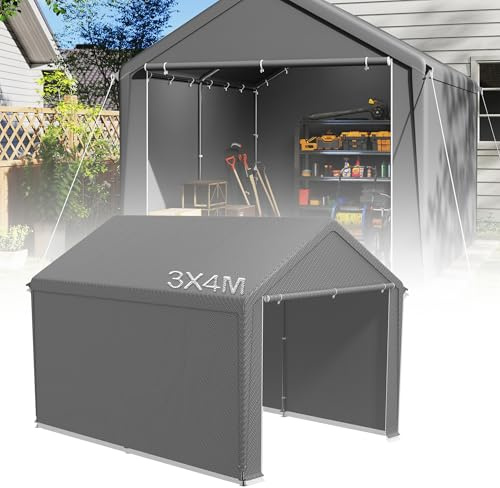 YRHome förvaringstält 3 x 4 m med PE-tak industritält PVC vattentät rivbeständig carport garagetält för bil, SUV, lastbil, båt och mobil förvaring – grå