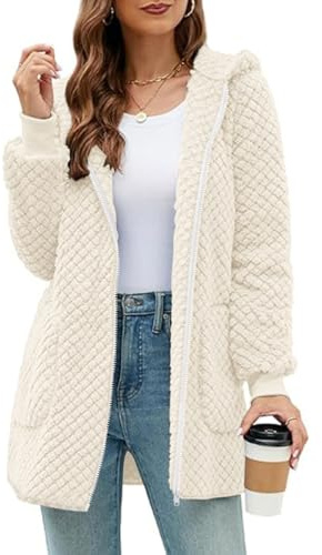 ABYOVRT Damen Fleecejacke Hoodie Einfarbig PlüSchjacke Fleecemantel Kapuzenjacke Oberteile Kapuzenpullover Warm ReißVerschluss Sweatshirt mit Taschen,Weiß,M