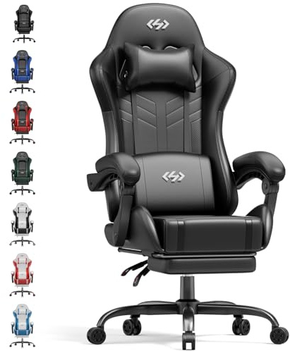 HLFURNIEU Silla Gaming con Masajeador, Silla Gamer con Cojín Lumbar Masajeador y Reposapiés, Sillón Gamer Ergonómica Altura Ajustable, Cadeira Gaming Negro