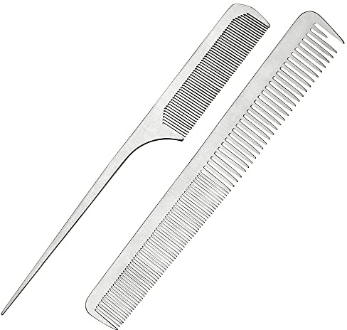 CCbeauty Kamm Set Haarkamm und Nadelstielkamm 2 Set für mit Ledertasche MetallKamm für Haare & Bart Bruchfester Styling Friseurkamm