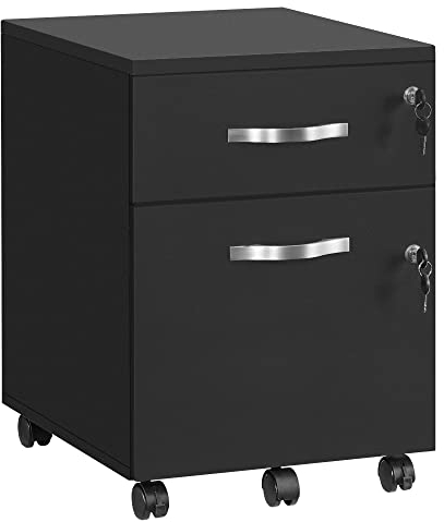 VASAGLE Rollcontainer, abschließbar, Aktenschrank mit 2 Schubladen, 5 Rollen, verstellbare Hängestangen, für Hängeregistratur im A4- und Letter-Format, tintenschwarz LCD22BV1