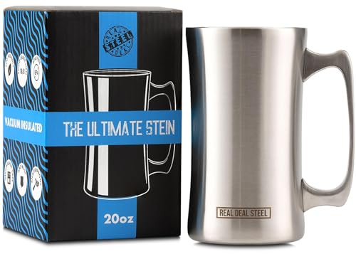 Real Deal Steel Stainless Steel Insulated Beer Mug Vacuum Beer Stein with Welded Handle - 20oz Total Capacity - Large Metal Tankard for IPA, Coffee - Double Walled Mug