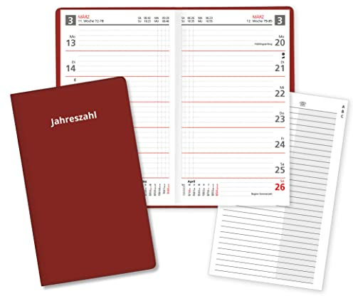 Wochentaschenkalender für das Jahr 2026 Sekunda Taschenplaner in Rot mit Adressheft und PVC Einband in Weinrot Made in Germany
