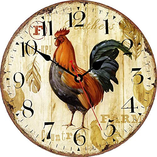 VIKMARI Arabic Numerals Wall Clock Rustic Rooster Style Silent Non-Ticking Quartz Wooden Clock 14 Inch Art Wall Decorative Large Wall Clock for Living Room Bedroom Kitchen and Office