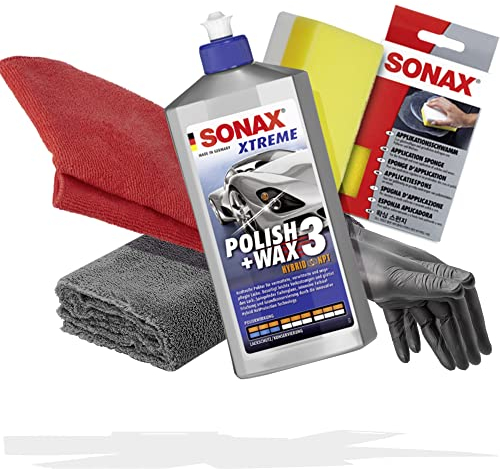 Detailmate Handpolitur Set: SONAX XTREME Polish + Wax 3, 500ml + Mikrofasertuch + Apllikationsschwamm + ultraflausch Poliertuch + Schutzhandschuhe
