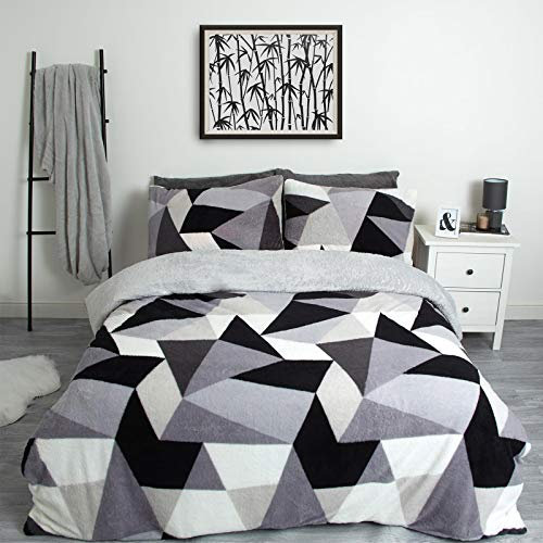 Dreamscene Shapes Thermal Teddy Fleece Duvet Cover with Pillowcase Soft Warm Fluffy Bedding Set Bedspread Duvet Cover, Silver Grey / White -3 pieces, Double
