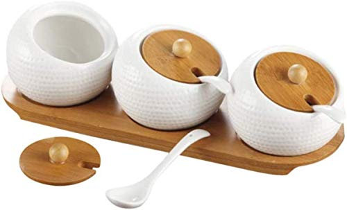 Caja De Especias De Cerámica, Recipiente Con Bandeja De Bambú, Olla De Cerámica Para Condimentos, Cuchara Y Tapa, Azucarero Para El Hogar Y La Cocina