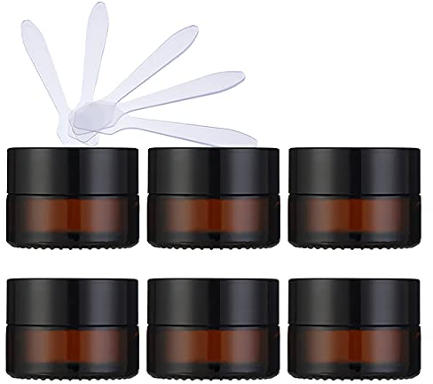 ZEOABSY 6 Stück Leere Brown Glas Cremedose 5ml mit Deckel, Braunglas Schraubdeckel Glas-Tiegel Schraubdose Glas-Dose Salbentiegel Kosmetik-Dose für Gels Cremes + 6X Spatel