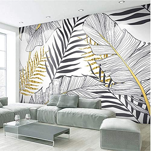 Tapete 3D Wandbild Nordische Schwarze Und Weiße Goldene Blätter Einfach Fototapete 3D Effekt Vliestapete Wohnzimmer Schlafzimmer Wanddeko 400cmX250cm