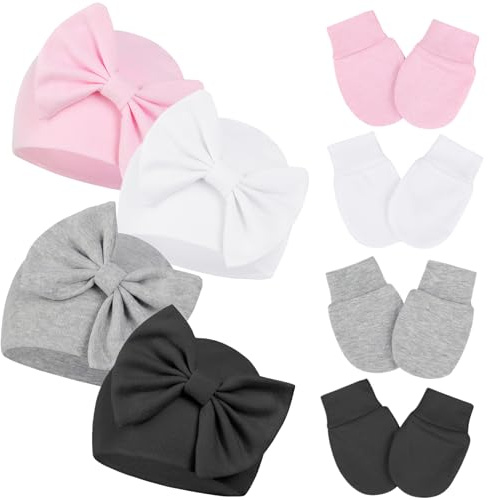 Century Star Newborn Girls Hats Baby Hat and Mitten Set Big Bow Knit Infant Headbands Winter Baby Hat for Girls A White & Pink & Grey & Black 0-3 Months