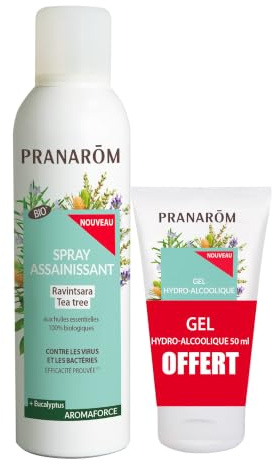 Pranarôm Aromaforce Spray 150 ml + Gel Hydroalcoolique 50 ml | Purifie l'air et désinfecte les mains, huiles essentielles bio ravintsara et tea tree.
