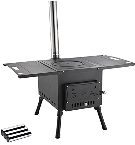 Estufa para tienda de campaña, estufa de leña portátil para tienda con 3 tubos de chimenea, estufa de calefacción para tiendas de campaña, viajes y camping (Hierro fundido)