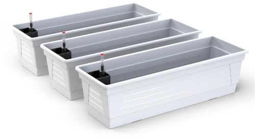 Plastard Blumenkasten 3er-Set 60 cm Weiß - mit Bewässerungssystem | BPA-Frei - Witterungs- UV- & frostbeständig Pflanzkübel für Balkon, Garten & Terrasse Pflanzkasten mit Wasserstandsanzeiger