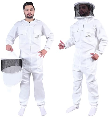S Self Mark Bee Suit Traje de apicultura profesional de polialgodón de cuerpo completo con sombrero, chaqueta y pantalón protectores, equipo de apicultores para hombres y mujeres (Velo redondo, 3XL)