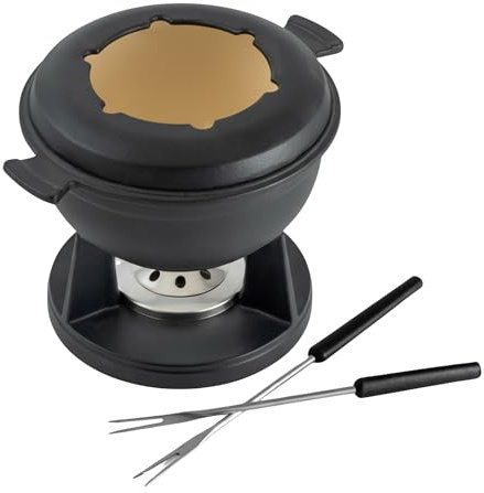 Swissmar Lucerne 10 Piece Cast Iron Fondue Set - Ideal for Melting Cheese, Chocolate, & Meat - Perfect for Kitchen Collection & Wedding Gift Giving - 2 Liter / 2 Quart - Matte Black