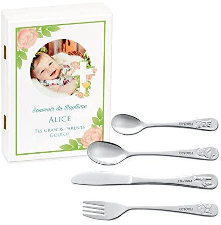 Maverton Set de couverts de table avec prénom dans boîte en bois imprimée - Thème Animal - Cadeau bapteme personnalisé - Couvert bebe - Couvert enfant - Cadeaux bébé - Coutellerie gravée - Photo 2