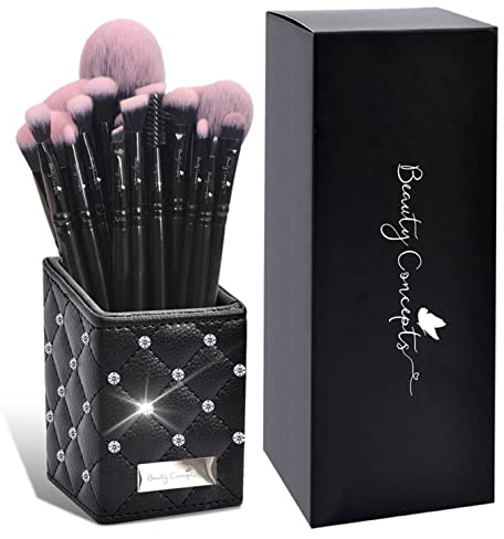 Beauty Concepts Lot de 18 pinceaux de maquillage professionnels haut de gamme à poils doux et denses (noir avec diamants)