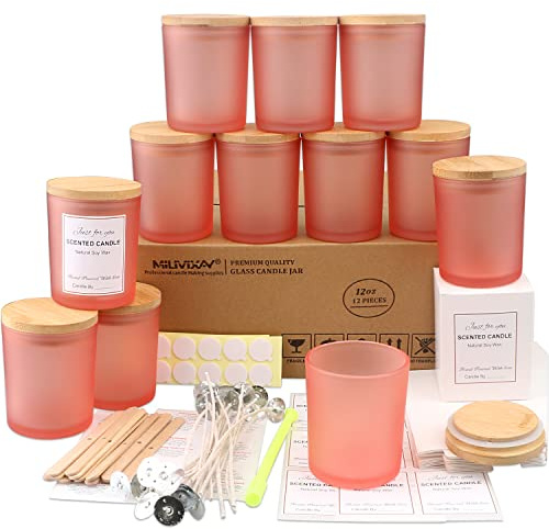 MILIVIXAY - Confezione da 12 barattoli per candele, in vetro opaco rosa, 355 ml, con coperchi e kit per la creazione di candele, vuoti, contenitori per spezie e polveri
