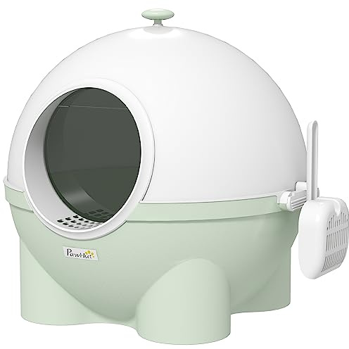 PawHut Lettiera per Gatti Chiusa 4kg Max con Paletta, Toilette per Gatti con Coperchio in PP e PC, 53x51x48 cm, Bianca e Verde