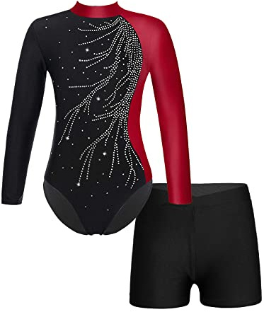 Yruioon Kinder Mädchen Gymnastikanzug Langarm Turnanzug Glitzer Ballettanzug mit Kurze Hose Ballett Trikot Tanzbody Wettbewerb Tanzkostüm