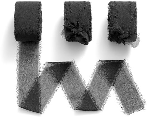 MORSUNBELA Geschenkband Breit Schleifenband Hochzeit Chiffonband Schwarz | 3 Rollen Chiffonband mit Fransen, 25 mm x 6,4 m,breites Geschenkband für Hochzeit,Geburtstag,Geschenkverpackung