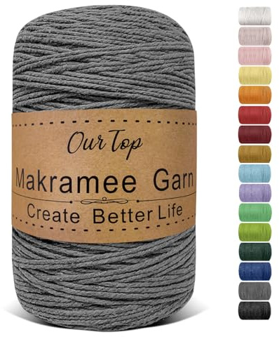OurTop Premium makramégarn grå, 2 mm x 500 m, makramérep, garn för gör-det-själv-hantverk, vävning, dekoration, hängande växt växthängare