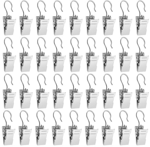ALLisWE 100 Stück Vorhang Clips Gardinen Klammern für Vorhänge Mehrweg Silber Metall Klammern mit Haken Edelstahl Multifunktions Gardinenringe mit Clips für Vorhänge Fotos Und Licht Duschvorhang