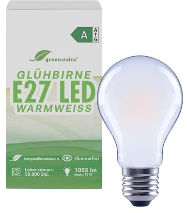 greenandco Glühfaden LED Lampe | matt | E27 A60 | 5W 1055lm | ersetzt 75W | 2700K warmweiß | 320° | 230V | flimmerfrei | Energieeffizienzklasse A | nicht dimmbar