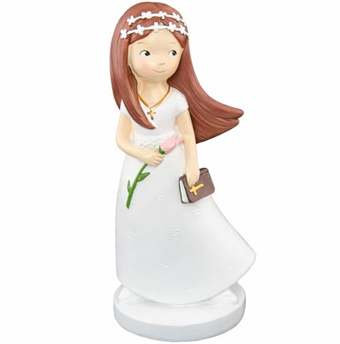 Kommunion Deko Tortenfigur für Kommunionskuchen Mädchen Junge weiß Dekoration Tisch-Deko Party Dekoration (Mädchen mit langen Haaren & Blume)