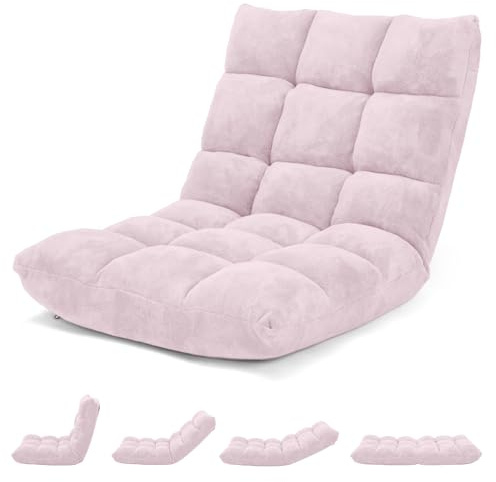 HOMASIS Bodenstuhl gepolstert, Bodensessel mit Verstellbarer Rückenlehne in 14 Positionen, Lesesessel Meditationsstuhl faltbar für Wohnzimmer, Arbeitszimmer, Büro (Korallensamt, Hellrosa)