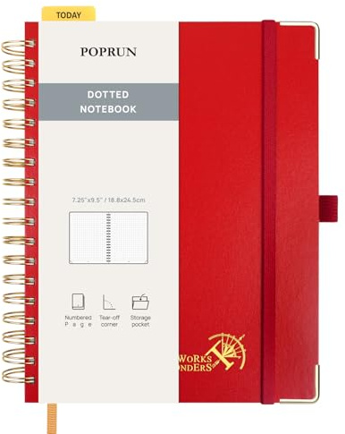 POPRUN Notizbuch B5 Gepunktetes, Bullet Dotted Journal, Spiral-Notizbücher 120 GSM Papier, 220 nummerierte Seiten, Hardcover mit Kleberegisterkarten und 8 Abreißblättern - RD(Rot)