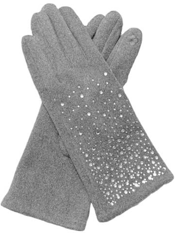 Whakano Winter Handschuhe für Damen,Verdickte Warme Handschuhe Touchscreen,Retro-Handschuhe mit Strass,Outdoor Thermohandschuhe,Elegant Handschuhe für Party,Laufsport,Wandern,Hundespaziergang,Grau