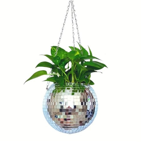 WJLYDM 1pc Unique Handcrafted Hanging Disco Mirror Ball Planter Space-Saving, Stylish Home Decor(Silver)